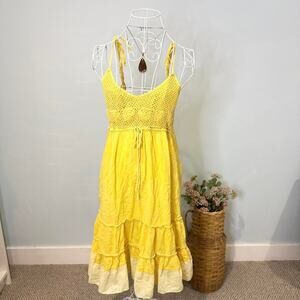 Bright Yellow Crochet Bodice Tiered Midi Dress